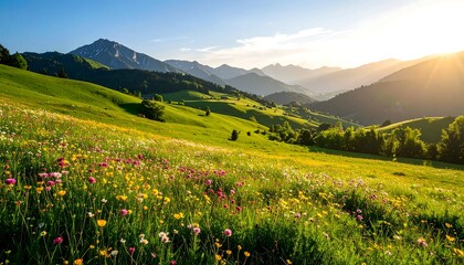 Lush mountain meadow bathed in golden sunlight.  Rolling hills covered in wildflowers of various colors, stretching to a backdrop of towering mountains under a vibrant sky