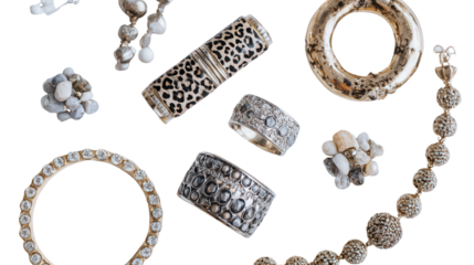 Designer Jewelry : A flat lay of designer jewelry pieces like rings, bracelets, and necklaces, isolated on a Transparent background, PNG file.