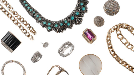 Designer Jewelry Pieces: A flat lay of designer jewelry pieces like necklaces, bracelets, and rings, isolated on a Transparent background, PNG file.