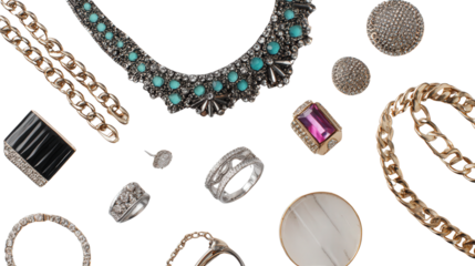 Designer Jewelry Pieces: A flat lay of designer jewelry pieces like necklaces, bracelets, and rings, isolated on a Transparent background, PNG file.
