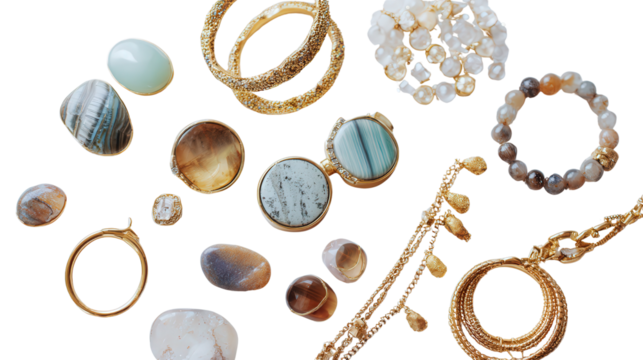Designer Jewelry : A flat lay of designer jewelry pieces like rings, bracelets, and necklaces, isolated on a Transparent background, PNG file.
