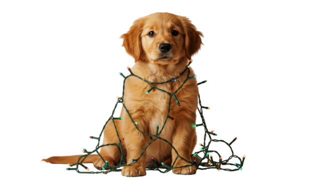 A golden retriever puppy sits patiently, tangled in a string of green Christmas lights against a white background.