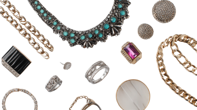Designer Jewelry Pieces: A flat lay of designer jewelry pieces like necklaces, bracelets, and rings, isolated on a Transparent background, PNG file.