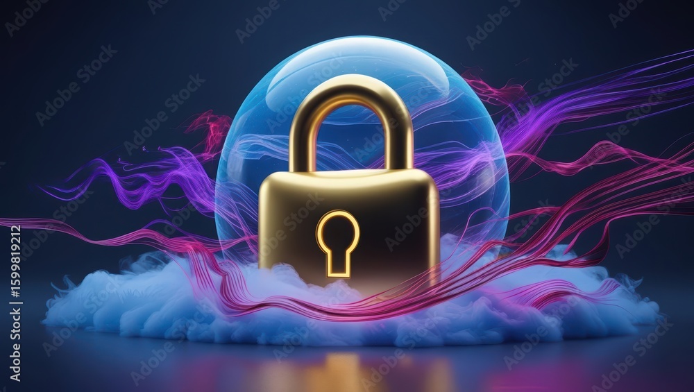 Poster digital security concept with a golden padlock inside a glowing blue sphere surrounded by colorful l