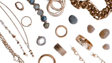Designer Jewelry Pieces: A flat lay of designer jewelry pieces like rings, necklaces, and bracelets, isolated on a Transparent background, PNG file.