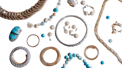 Designer Jewelry Pieces: A flat lay of designer jewelry pieces like rings, necklaces, and bracelets, isolated on a Transparent background, PNG file.