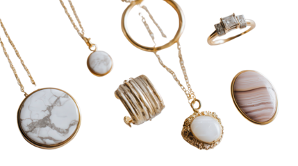 Designer Jewelry Pieces on White: A flat lay of designer jewelry pieces like rings, necklaces, and earrings, isolated on a Transparent background, PNG file.