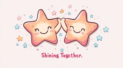 Cute kawaii-style illustration of two smiling stars high-fiving above the phrase Shining Together.