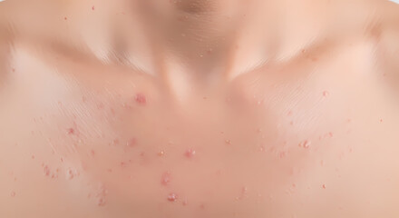 Fototapeta premium Skincare and dermatology concept showing a close-up of chest acne with inflamed red pimples and blemishes on the skin.