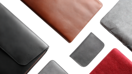 Designer Laptop Cases: A flat lay of designer laptop cases with sleek designs, isolated on a Transparent background, PNG file.