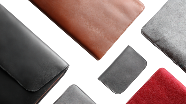 Designer Laptop Cases: A flat lay of designer laptop cases with sleek designs, isolated on a Transparent background, PNG file.