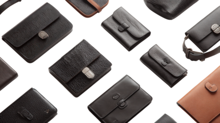 Designer Leather Bags: A flat lay of designer leather bags with sleek designs, isolated on a Transparent background, PNG file.