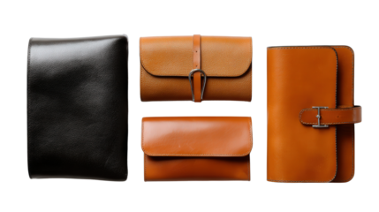 Designer Leather Bags: A flat lay of designer leather bags with sleek designs, isolated on a Transparent background, PNG file.