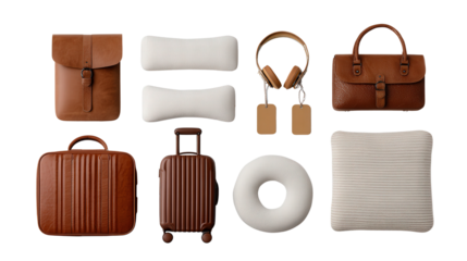Designer Luggage and Travel Gear: A flat lay of designer luggage and travel gear like matching tags and a travel pillow, isolated on a Transparent background, PNG file.