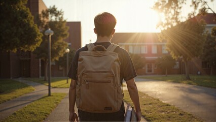 Obraz premium Student walking to campus at sunrise with backpack and books, back to school, college lifestyle, university morning routine, academic journey, education concept, motivation, fall semester, campus life