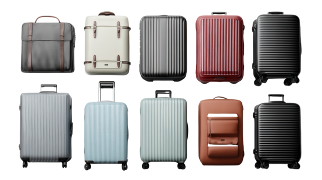 Designer Luggage : A flat lay of designer luggage with sleek designs, isolated on a Transparent background, PNG file. - Powered by Adobe