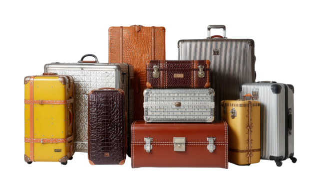 Designer Luggage : A flat lay of designer luggage with sleek designs, isolated on a Transparent background, PNG file. - Powered by Adobe
