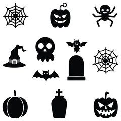 Set of twelve eerie Halloween vector icons featuring jack-o'-lanterns, tombstone, witch hat, spiders, and more in bold black silhouette style.