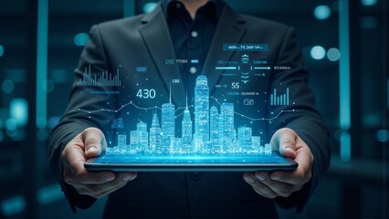 Smart city digital hologram on tablet with futuristic data analytics, financial growth, real estate technology, business innovation, data visualization, urban development, IoT infrastructure, city pla