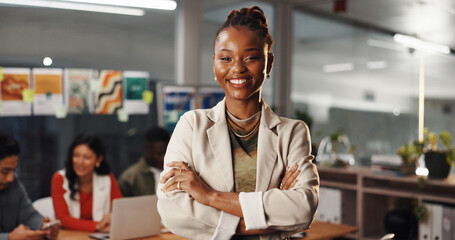Portrait, leader and woman with arms crossed, office and event planner with project, smile and team. Happy, coordinator or person with ambition for career development, pride or meeting in business