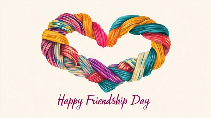 Vector illustration of two clasped hands forming a heart shape with colorful friendship bands and Happy Friendship Day text.