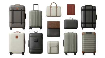 Designer Luggage Sets: A flat lay of designer luggage sets with sleek and modern designs, isolated on a Transparent background, PNG file.
