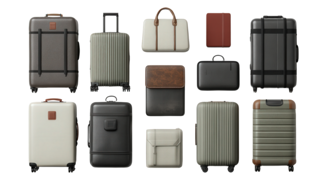 Designer Luggage Sets: A flat lay of designer luggage sets with sleek and modern designs, isolated on a Transparent background, PNG file.