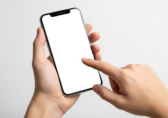 Hand holding and touching blank screen smartphone on white background