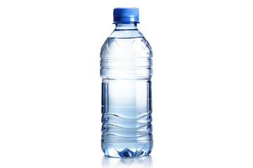 A clear plastic bottle filled with pure water stands isolated on a clean transparent background ready for consumption