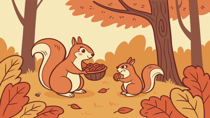 Cute squirrel family in autumn forest illustration for kids and seasonal fall designs vector graphic