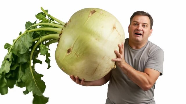 Man Struggling to Lift Giant Turnip - A man grimaces with exertion as he struggles to lift and carry an enormous turnip, its size comically disproportionate to his own.