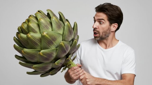 Surprised Man Holding a Giant Artichoke - A man with a surprised expression holds a comically large artichoke.