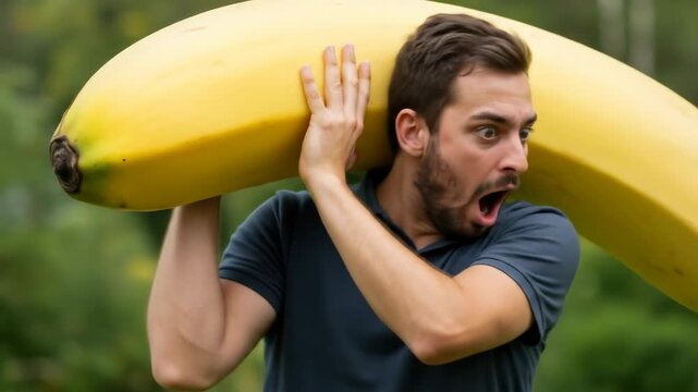 Man Carrying Giant Banana Outdoors - A surprised man carries a comically oversized banana on his shoulder outdoors. He appears astonished by the banana's size, set against a lush green backdrop.