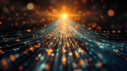 Abstract digital artwork depicting a converging stream of luminous particles, radiating outwards from a central bright light source, set against a dark background speckled with bokeh