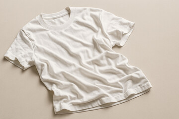 White t-shirt on beige background.