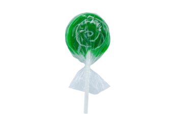 a green lollipop on a stick with a white background