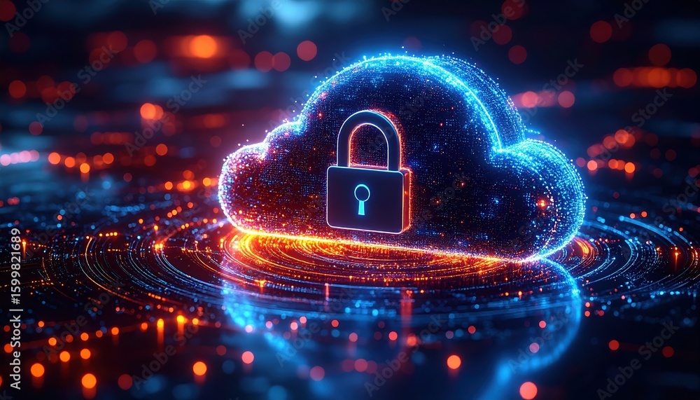 Poster high tech digital cloud security concept with glowing lock icon representing cybersecurity protectio