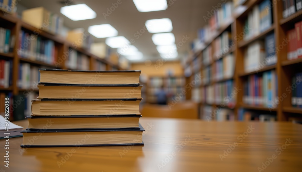 Poster stack of books on a table with blurred library shelves in the background.