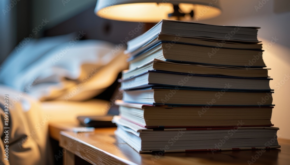 Poster stack of magazines on a bedside table with a lamp glowing softly above.