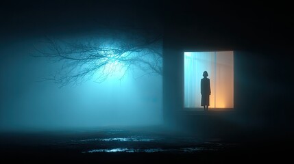 Moonlit window with mysterious silhouette and fog representing suspense, isolation, and moody dreamlike feeling