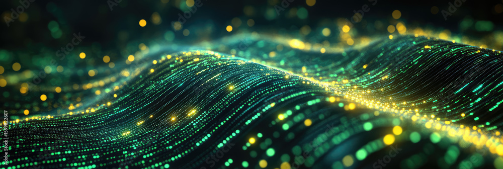 Poster flowing green and yellow binary data stream with glowing digital lines and particles, representing t
