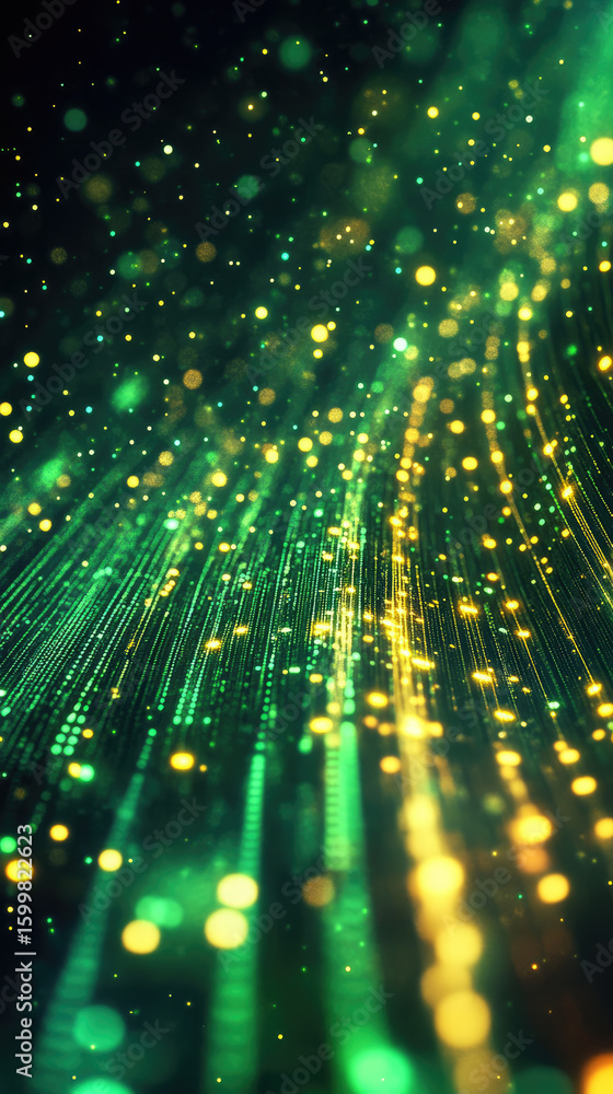 Poster flowing green and yellow binary data stream with glowing digital lines and particles, representing t