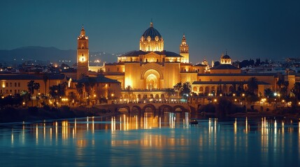 Illuminated cathedral at night, reflecting on water