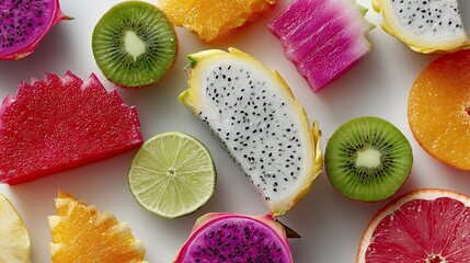 Neatly arranged sliced tropical fruits on white background for clean diet concept, food art, and meal inspiration