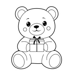 Cute Teddy Bear sitting with gift box. Outline illustration, isolated on white background, design elements or page of children's coloring book