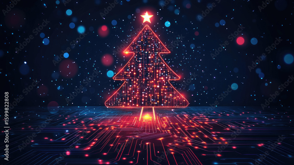 Poster a digital christmas tree made of neon red microchips stands on a motherboard base. luminescent circu