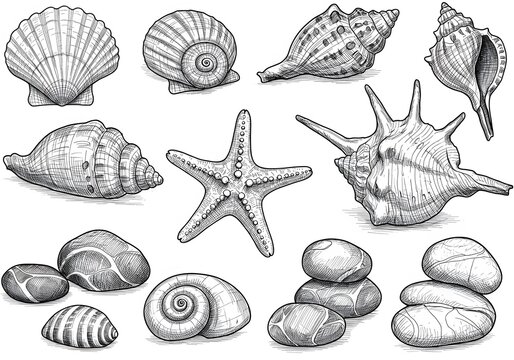 Intricate Illustrations of Marine Treasures: A Collection of Diverse Shells and Stones - Powered by Adobe