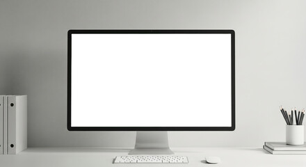 Fototapeta premium Minimalist workspace featuring a blank computer screen, keyboard, and office supplies