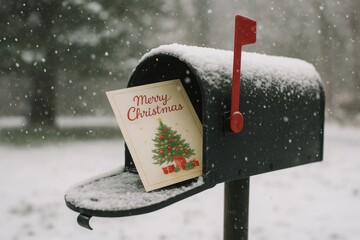 A festive Christmas card featuring a decorated tree peeks out from a mailbox, surrounded by falling snow in a serene winter setting, evoking holiday cheer and warmth