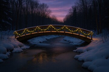 A charming wooden bridge is decorated with warm lights, spanning a tranquil stream. Snow blankets the surroundings, enhancing the peaceful atmosphere of a winter evening